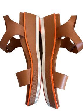 COLE HAAN Womens OriginalGrand Flatform Leather Buckle Wedge Sandals Cognac